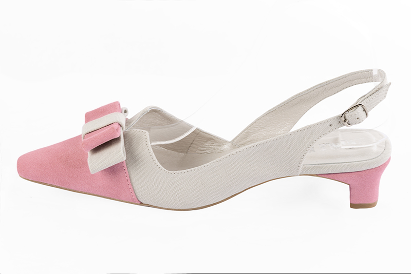 Carnation pink and off white women's open back shoes, with a knot. Tapered toe. Low kitten heels. Profile view - Florence KOOIJMAN